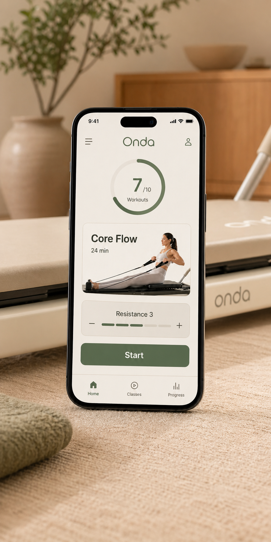 Onda app on an iPhone showing guided Pilates classes