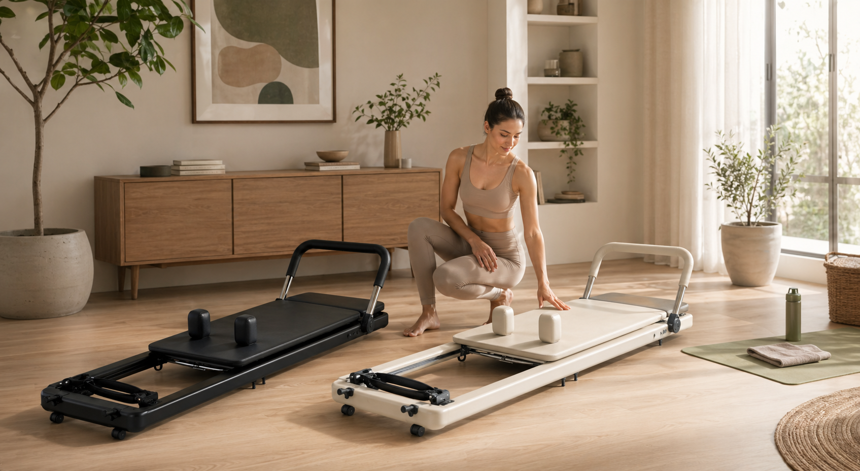 Black and ivory Onda reformers in a warm home studio