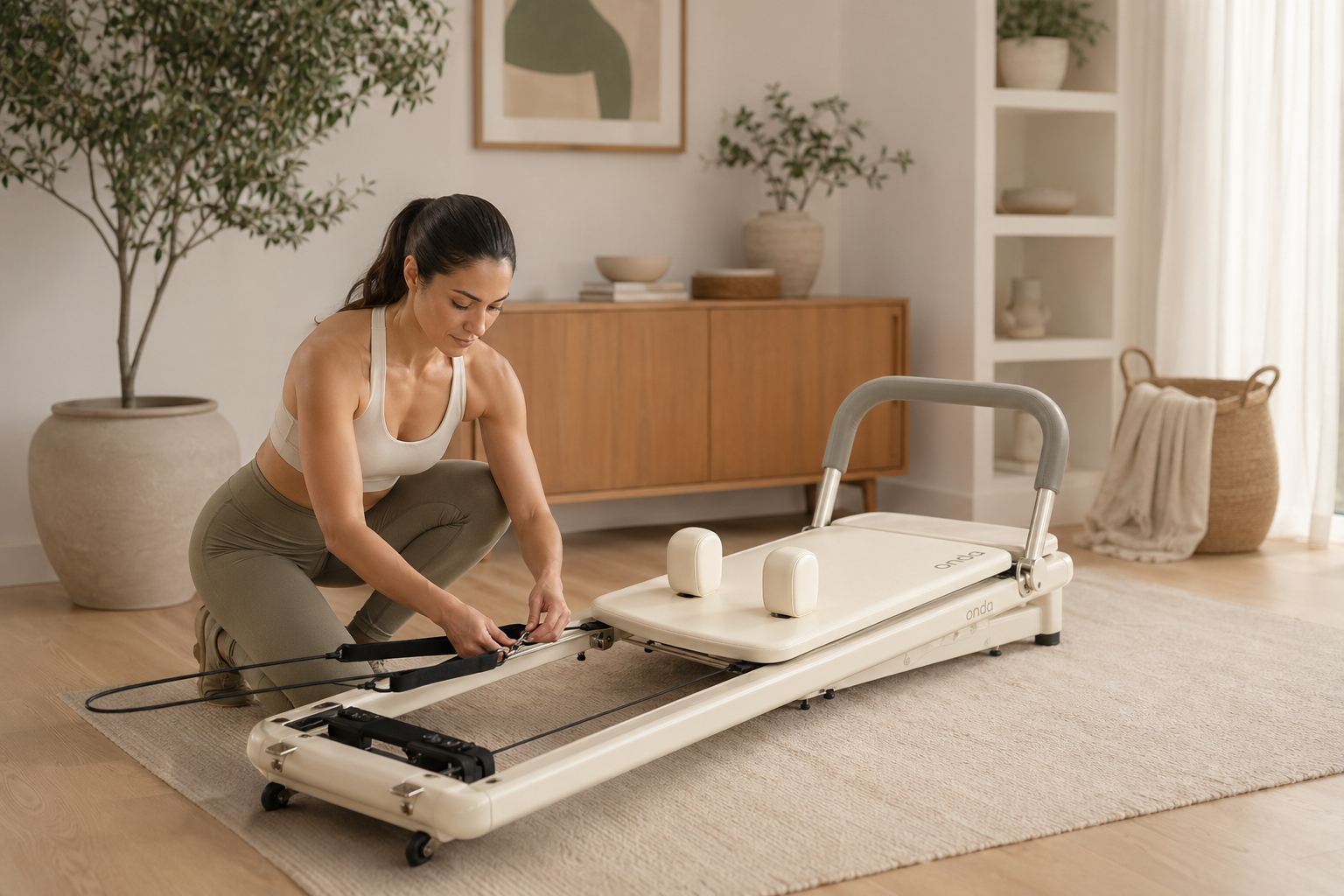 Warm ivory Onda reformer being set up in a home studio