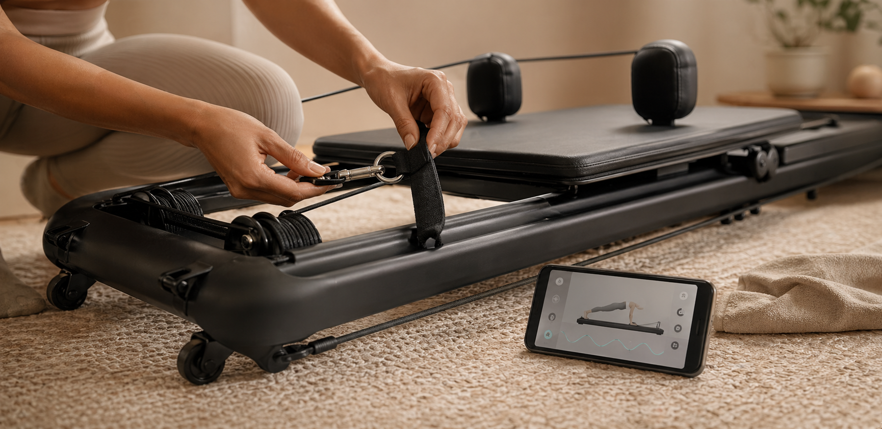 Close-up of Onda reformer straps and smart tracking