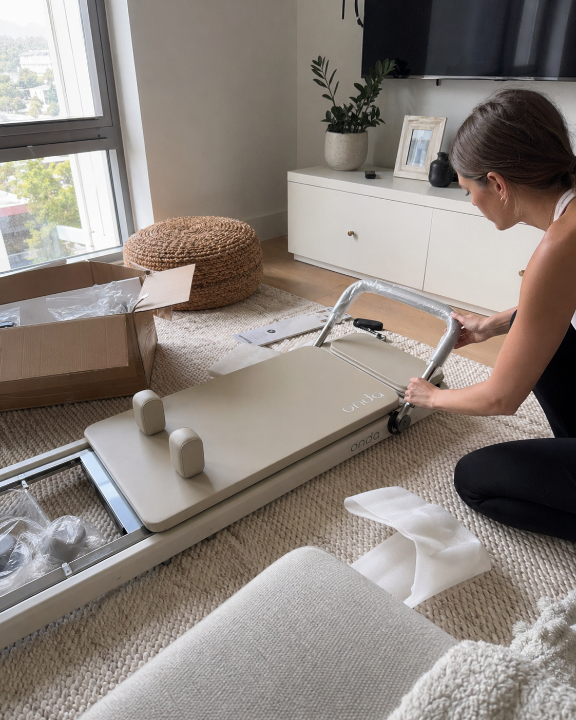 Customer unboxing the warm ivory Onda reformer at home